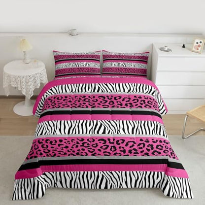 Zebra Stripes Comforter Leopard Print Comforter Set for Kids Boys Girls Pink Black White Zebra Leopard Fur Bedding Set Ultra Soft Decor Wild Animal Skin Texture Pattern Duvet Set Full Size Quilt Set