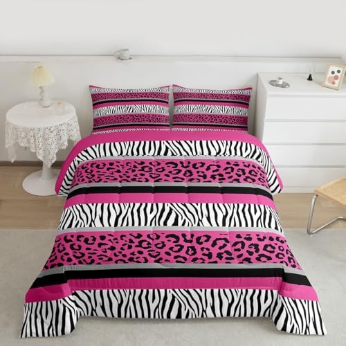 Zebra Stripes Comforter Leopard Print Comforter Set For Kids Boys Girls Pink Black White Zebra Leopard Fur Bedding Set Ultra Soft Decor Wild Animal Skin Texture Pattern Duvet Set King Size Quilt Set