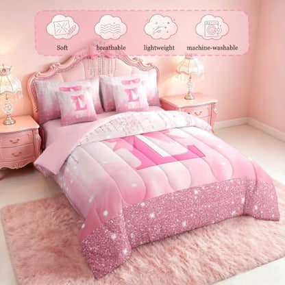 Feelyou Kids Pink Bowknot Comforter Set with Sheets Twin Size