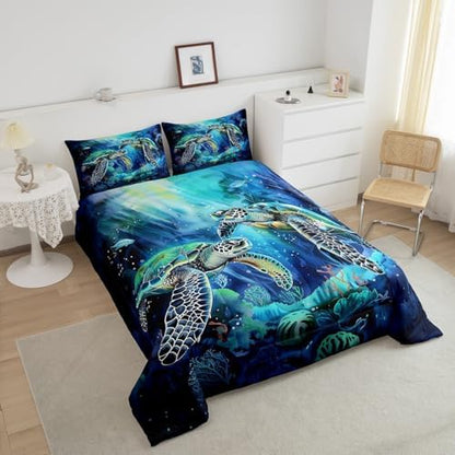 Homewish Sea Turtle Comforter Set King Size,Cute Sea Animal Bedding Sets for Kids Gilrs Boys Teens Adult Room Decor,Colorful Coral Pattern Down Comforter Blue Green Reversible Quilt Set,2 Pillowcases