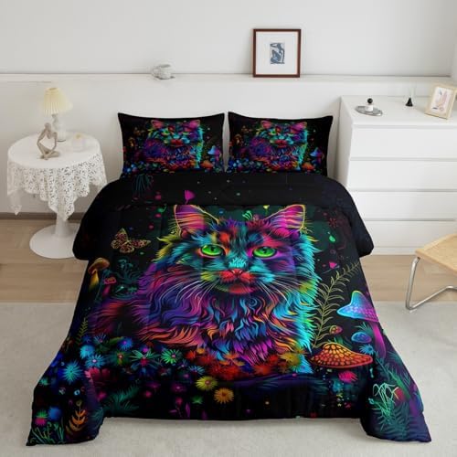 Manfei Neon Cat Kids Comforter Set Full Size,Daisy Flowers Mushroom Botanical Rustic Bedding Set,Girls Boys Room Decor,Butterfly Leaf Jungle Quilt Comforter,Farmhouse Retro Duvet Insert,2 Pillowcases