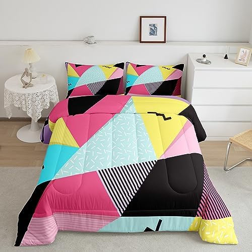 Manfei Memphis Comforter Set King Size, Retro 80s 90s Fashion Style Quilt Set with 2 Pillowcases, Colorful Triangle Geometric Bedding Set 3pcs for Kids Boys Girls Lightweight Duvet Insert
