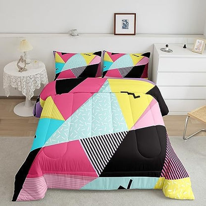 Manfei Memphis Comforter Set King Size, Retro 80s 90s Fashion Style Quilt Set with 2 Pillowcases, Colorful Triangle Geometric Bedding Set 3pcs for Kids Boys Girls Lightweight Duvet Insert