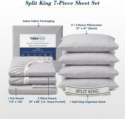 Therapedic 100% Egyptian Cotton 7 Piece Split King Sheets Set (Dove)