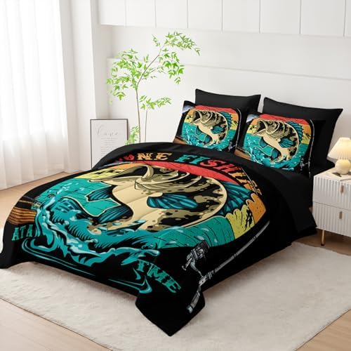 Nttopship Big Pike Fish Comforter Set Full Size 7 PCS,Bass Fishing Comforter Set for Boys Girls Children Fishing and Hunting Room Decor,Microfiber Lightweight All Season