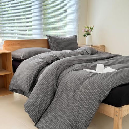 NSNLGSGC Gray Plaid Duvet Cover Set, Queen
