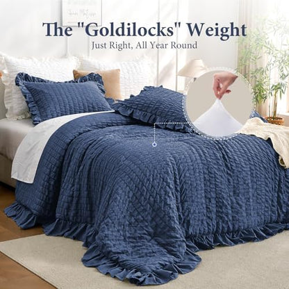 JOLLYVOGUE Oversized King Comforter Set, 3 Pieces Navy Blue Seersucker Comforters, Lightweight & Fluffy Bedding Sets for All Season with 1 Ruffle Comforter and 2 Ruffle Pillowshams