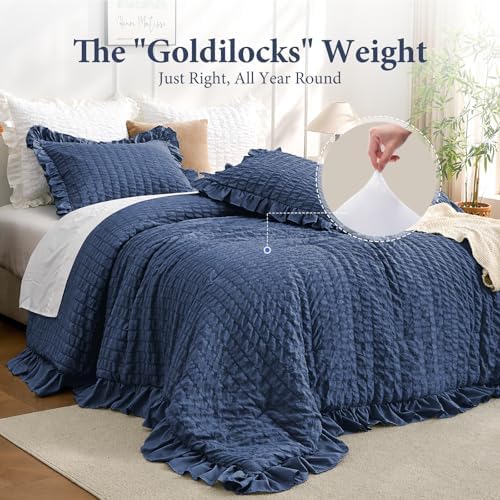 JOLLYVOGUE Navy Blue Queen Comforter Set, 3 Pieces Seersucker Comforters Queen Size, Lightweight & Fluffy Bedding Sets Queen for All Season with 1 Ruffle Comforter and 2 Ruffle Pillowshams
