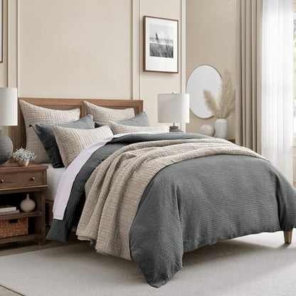 Levtex Home Cloud Waffle King/Cal King Comforter Set (106x94in) with 2 Pillow Shams (36x20in) - Solid Waffle Cotton Texture - Charcoal - 100% Cotton King Size Comforter Set - Soft, Pre-Washed