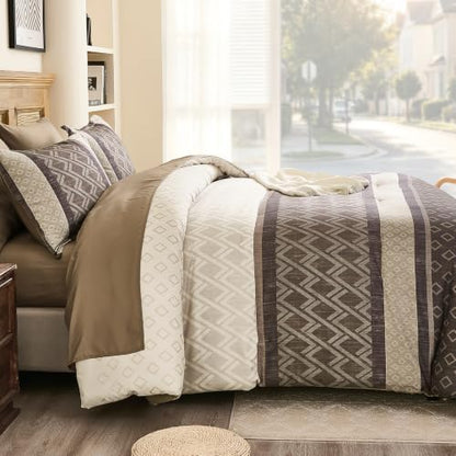 Queen 7-Piece Grey Brown Striped Comforter Set,Farmhouse Boho Bedding