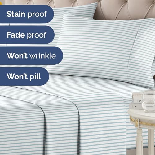 Full 4 Piece Striped Sheet Set - Soft, Breathable & Cooling - Ocean Stripe