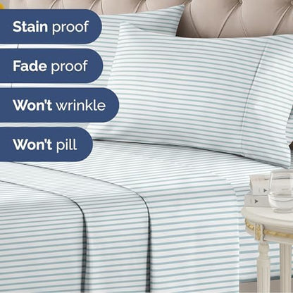 Full 4 Piece Striped Sheet Set - Soft, Breathable & Cooling - Ocean Stripe