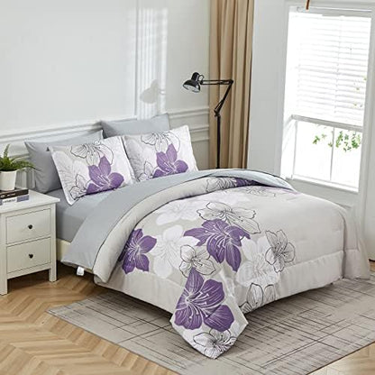 Luxudecor Floral Comforter Set Twin Size, 6 Pieces Bed in a Bag Purple Floral Comforter and Sheet Set, Soft Microfiber Purlple Complete Bedding Sets for All Seasons 68"×86"
