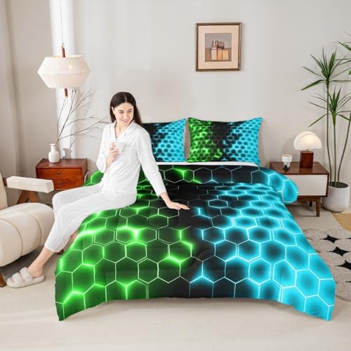 Feelyou Green Blue Honeycomb Bedding Set Fluorescent Hexagon Comforter Set Beehive Hexagon Comforter for Boys Girls Geometric Duvet Twin Size Quilt 2Pcs Boys