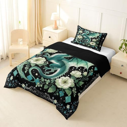 Feelyou Dragon Bedding Set Soft for Boys Girls, Magical Beast Comforter Set Twin Size Jungle Dragon Duvet Quilt Microfiber Wild Animal Bedroom Decor Fantasy Animal 2 Pcs with 1 Pillow Cases