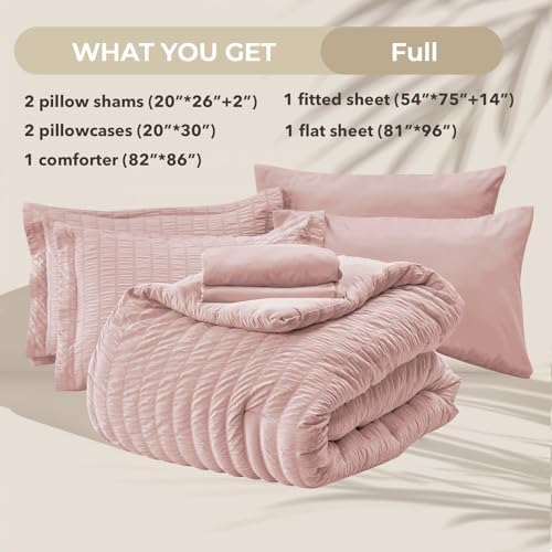HYMOKEGE Rose Gold Full Size Comforter Sets Seersucker 7 Pieces, All Season Luxury Bed in a Bag for Bedroom, Bedding Set with Comforters, Sheets, Pillowcases & Shams