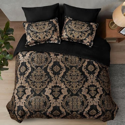 WONGS BEDDING Black Comforter Set Full Size, Gold Damask Texture 7 Pieces Bed in a Bag Microfiber Comforter Bedding Sets -1 Comforter, 1 Flat Sheet, 1 Fitted Sheet, 2 Pillow Shams, 2 Pillowcases