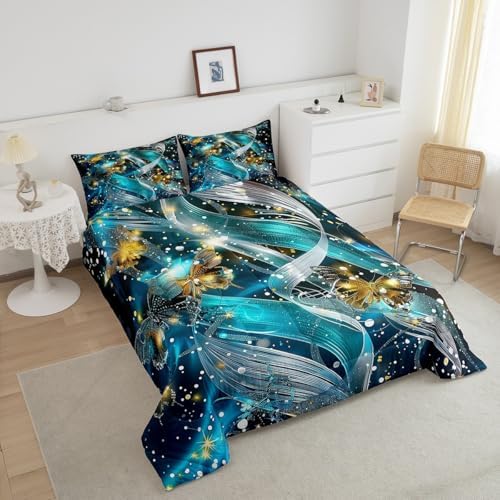 jejeloiu Teal Blue Butterfly Comforter Set Full Size Kids Butterfly Stripe Bedding Set for Boys Girls Teens Glitter Duvet Breathable Animal Quilt Bedroom Decor,1 Comforter with 2 Pillowcase