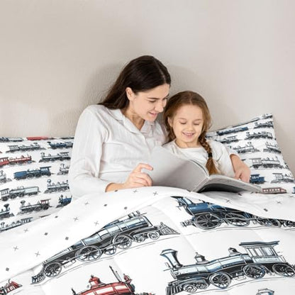 Feelyou Retro Train Comforter Set Toddler Size Vintage Steam Engine Train Bedding Set for Kids Boys Girls Transport Vehicle Duvet Quilt Bedroom Decor Microfiber 2 Pcs with 1 Pillow Cases