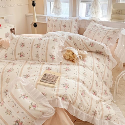 VM VOUGEMARKET Pink Flower Duvet Cover Set Twin Reversible Ruffle Duvet Cover with Zipper Ties 100% Cotton Cute Romantic Girls White Lace Comforter Cover with 2 Pillow Shams