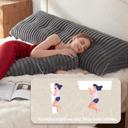 Headboard Pillow + A Long Neck Roll Pillow Body Pillow，Faux Fur Headboard Wedge Pillow with Removable Cover (Gray, Twin：39x8x20 inches)