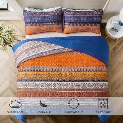 WONGS BEDDING Boho Twin Quilt Set, 2 Pieces Bedspread Bedding, Blue Orange