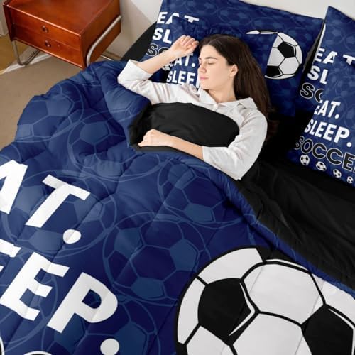 Erosebridal Navy Blue Soccer Gaming 7 Piece Bedding Set Twin | Ball Games Comforter Set with Sheets Football Sports Bed in A Bag Boys Kids Men Bed Sets