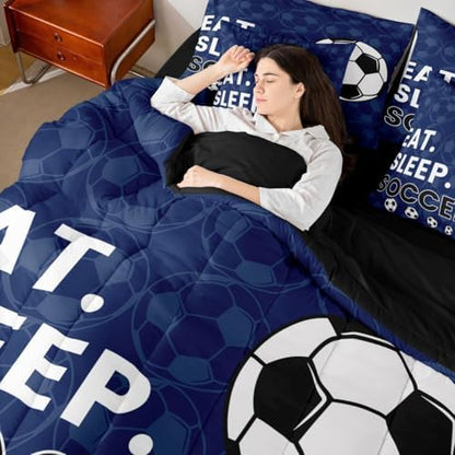 Erosebridal Navy Blue Soccer Gaming 7 Piece Bedding Set Twin | Ball Games Comforter Set with Sheets Football Sports Bed in A Bag Boys Kids Men Bed Sets