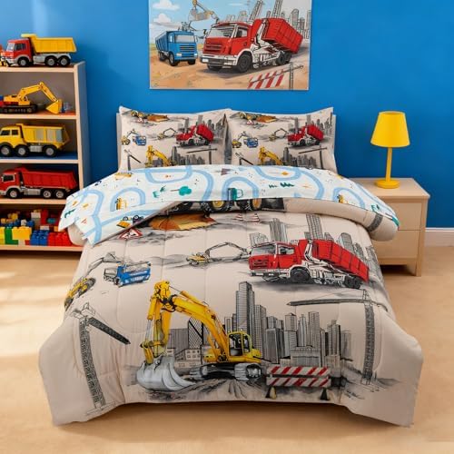 Holawakaka Boy Truck Excavator Twin Comforter Set with Sheets 5 Pieces