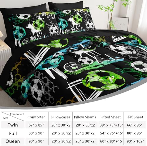 AILONEN Soccer Print Comforter Set Twin Size,7-Piece Football Sports with Blue Green White Soccer Pattern Bed in a Bag,Comforter & Fitted Sheet & Flat Sheet & 2 Pillowcases,Soft Microfiber