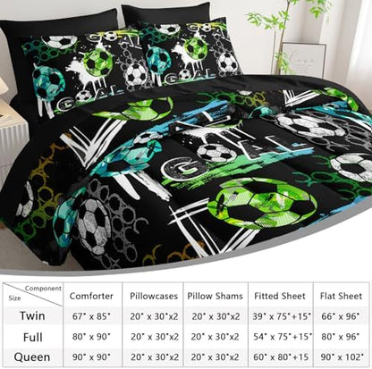 AILONEN Soccer Print Comforter Set Twin Size,7-Piece Football Sports with Blue Green White Soccer Pattern Bed in a Bag,Comforter & Fitted Sheet & Flat Sheet & 2 Pillowcases,Soft Microfiber