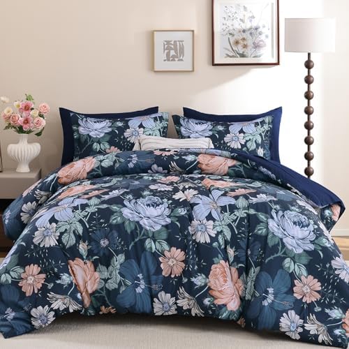 Luxudecor Queen Floral Comforter Set-7 Pieces Bed in a Bag,Colorful Flowers Print on Dark Blue Bedding Set,Soft Microfiber Comforter with Sheets for All Seasons (Dark Blue,90"x90")