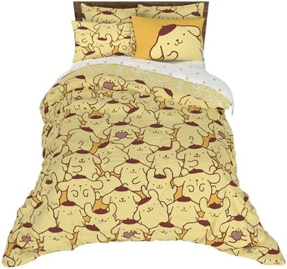 Sanrio Pompompurin Bedding Set, Queen Size 7 Piece Set Kids Super Soft Cozy Reversible Comforter and Sheet Set with Sham, (100% Officially Licensed Product) by Franco