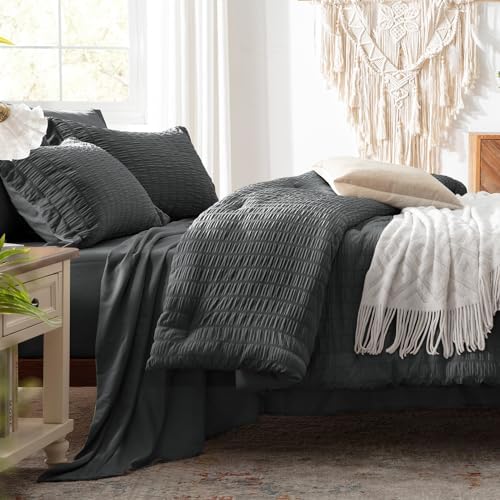 Queen Comforter Set 7 Piece, Dark Grey Bed in a Bag Queen Bedding Sets