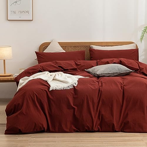 BESTOUCH Cotton Solid Duvet Cover Set Linen Feel Fired Brick Red Full