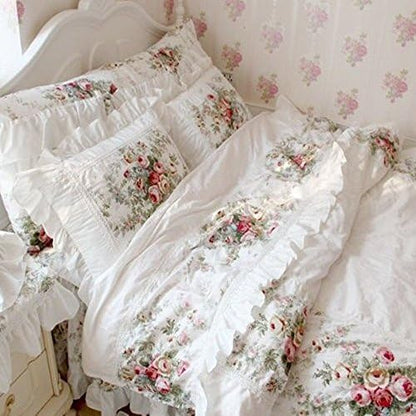 FADFAY Farmhouse Bedding Elegant and Shabby Vintage Rose Floral Duvet Cover Bedskirt Lovely White Lace and Ruffle Style Exquisite Craft 100% Cotton,King Size 4-Pieces