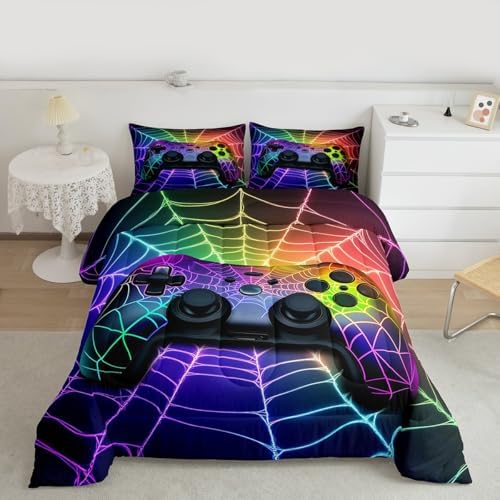 Gamer Bedding Set Rainbow Spider Web Kids Bedding Sets for Boys,Ball Game Consoles Boys Bedding Gothic Cobweb Sports Bedding Sets for Boy Queen,Gaming Decor for Boy Bedroom Decor Gamer Gifts