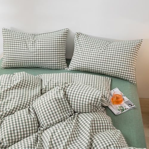 mixinni Green Gingham Comforter Set King, Plaid Comforter Set 3 Pieces 1 Green Grid Comfoter with 2 Pillow Cases for All Seasons, Soft Fluffy Modern Grid Pattern Printed Bedding-King Size