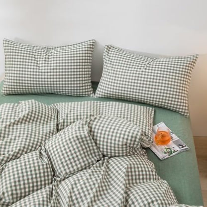 mixinni Green Gingham Comforter Set King, Plaid Comforter Set 3 Pieces 1 Green Grid Comfoter with 2 Pillow Cases for All Seasons, Soft Fluffy Modern Grid Pattern Printed Bedding-King Size
