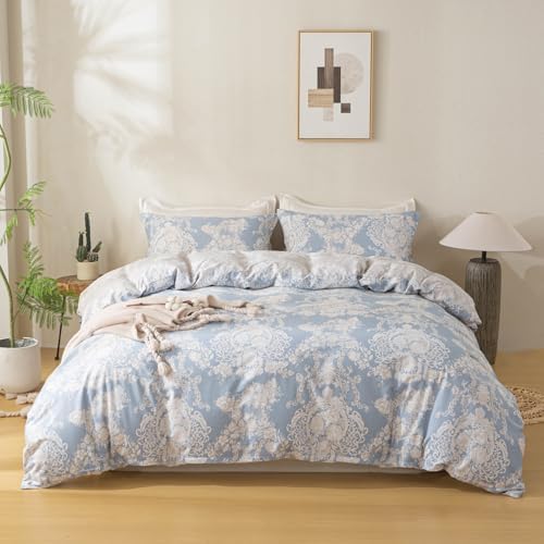 OAITE Full Duvet Cover Set 3pcs 100% Cotton Blue Damask Vintage Floral