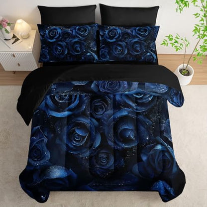 7pcs Blue Floral Comforter Set Valentine's Day 3D Rose Printed Bedding Set with 1 Comforter, 1 Flat Sheet, 1 Fitted Sheet and 4 Pillowcases for Boys and Girls Bedroom (Rose Twin