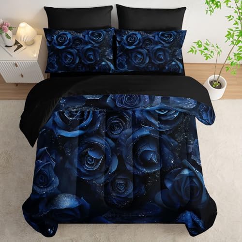 7pcs Blue Floral Comforter Set Valentine's Day 3D Rose Printed Bedding Set with 1 Comforter, 1 Flat Sheet, 1 Fitted Sheet and 4 Pillowcases for Boys and Girls Bedroom (Rose King
