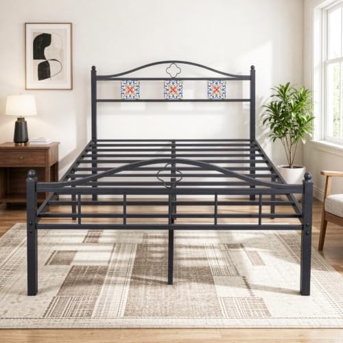 Full Size Bed Frame with Headboard Footboard, Victorian Metal Platform Beds
