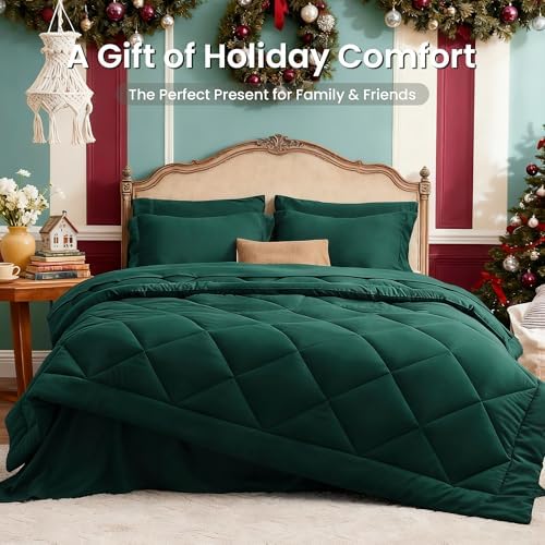 Love's cabin Twin Comforter Set Dark Green, 5 Pieces Twin Bed in a Bag, All Season Bedding Sets with 1 Comforter, 1 Flat Sheet, 1 Fitted Sheet, 1 Pillowcase and 1 Pillow Sham