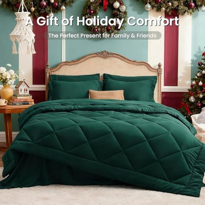 Love's cabin Twin XL Comforter Set Dark Green, 5 Pieces Twin XL Bed in a Bag, All Season Bedding Sets with 1 Comforter, 1 Flat Sheet, 1 Fitted Sheet, 1 Pillowcase and 1 Pillow Sham