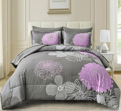 Yiran Full Comforter Set -7 Pieces Purple Grey Floral Comforter Set for All Seasons,Bed in a Bag Full Flowers Comforter with Flat Sheet Fitted Sheet Pillowshams Pillowcases