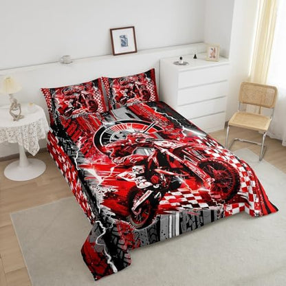Feelyou Dirt Bike Kids Bedding Set,Boys Girls King Size,Racing Motocross Comforter Set,Extreme Sports Ultra Soft Duvet Quilt,Motorcycle Comforter Motorbike Bedroom Decor Red