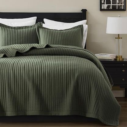 WDCOZY Olive Green Twin Size Quilt Set, Striped Pick Stitch Bedspread