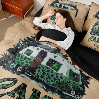 Happy Camping Bed In A Bag Twin Size Leopard Print Camper Comforter Set With Sheets For Kids Teens Adult Bedroom Decor Rustic Cabin Lodge 7 Piece Bedding Set Vintage Rv Farmhouse Bed Sets, Brown Green
