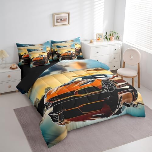 Feelyou Speed Sports Car Comforter Set with Sheets Full Size Kids Race Car 7 Pieces Bedding Set for Boys Girls Teens Racing Car Bed in a Bag Breathable Extreme Sports Bed Set Automobile